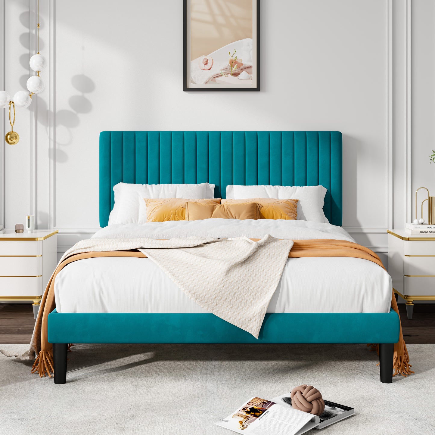 Allewie Velvet Upholstered Platform Bed Frame with Adjustable Vertical Channel Tufted Headboard