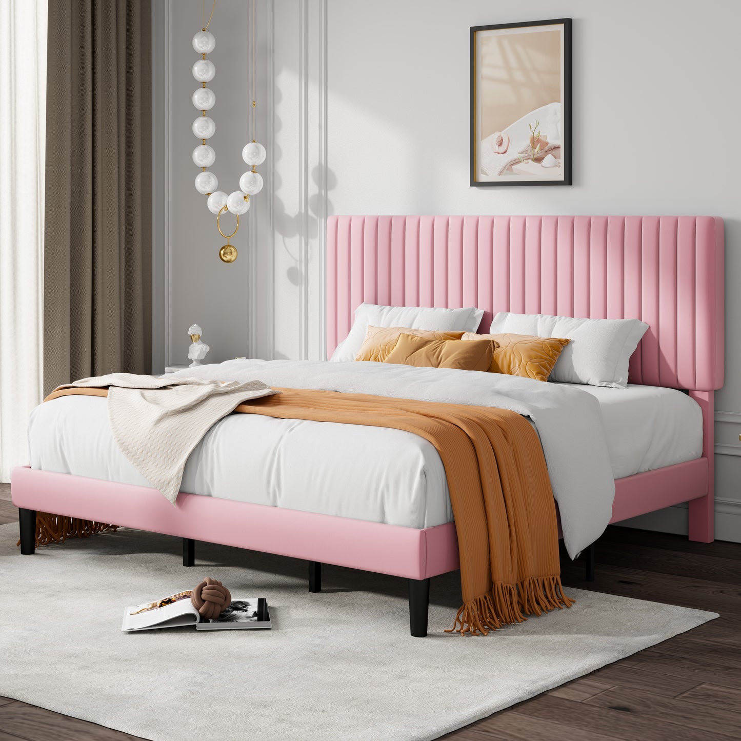 Allewie Velvet Upholstered Platform Bed Frame with Adjustable Vertical Channel Tufted Headboard