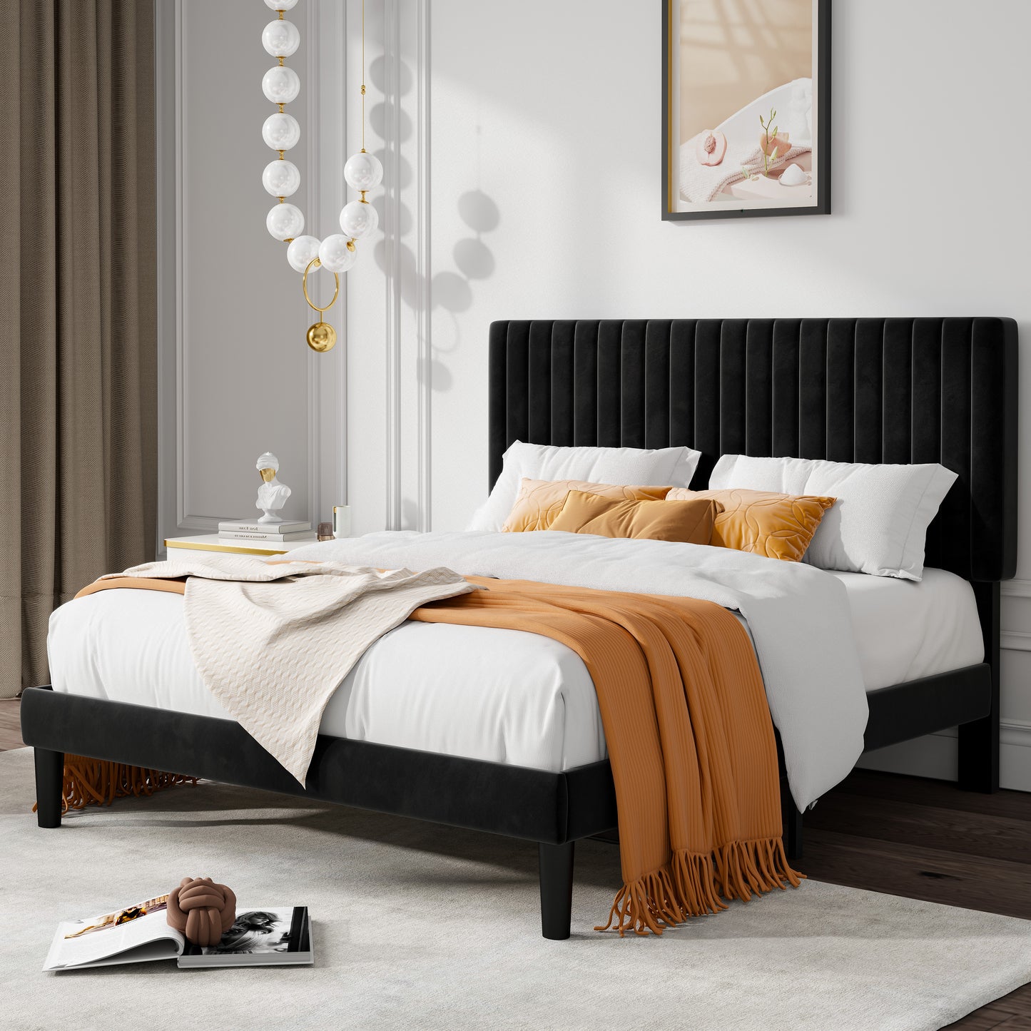Allewie Velvet Upholstered Platform Bed Frame with Adjustable Vertical Channel Tufted Headboard