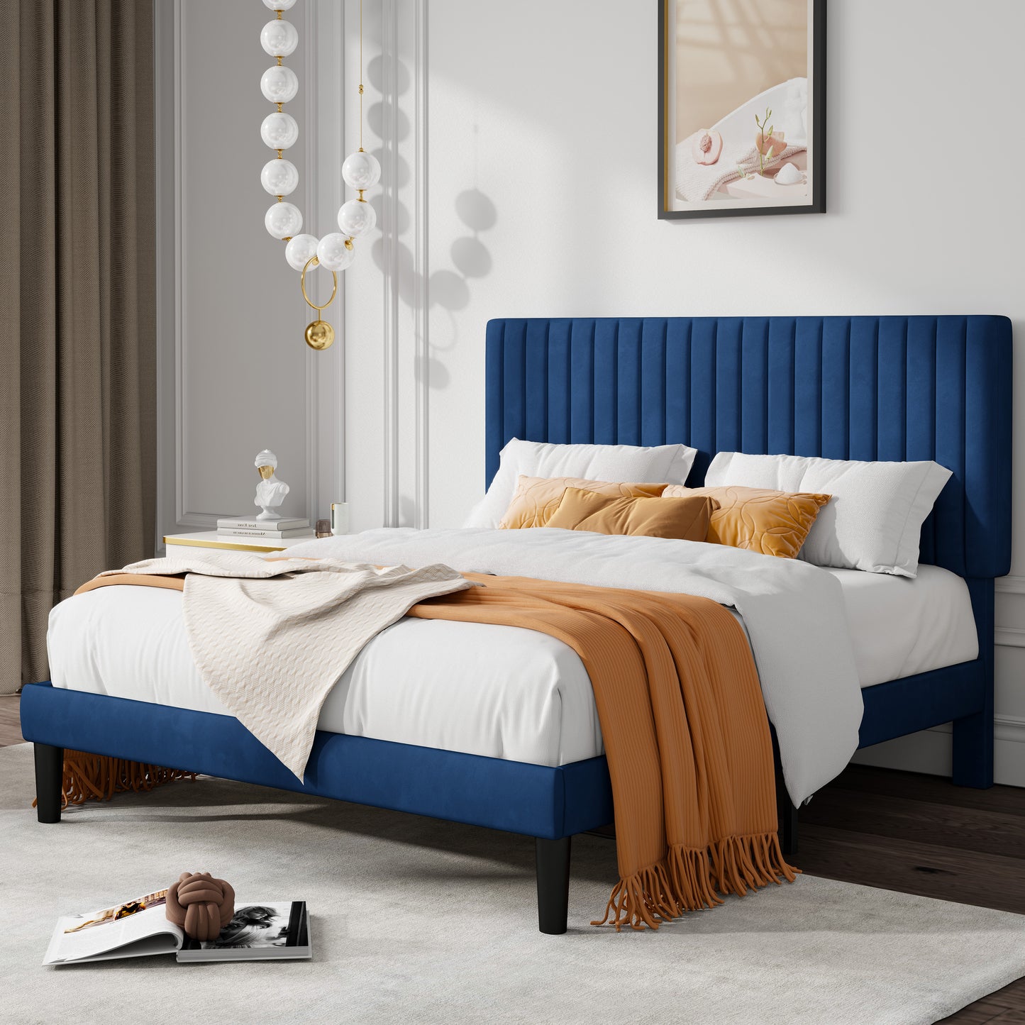 Allewie Velvet Upholstered Platform Bed Frame with Adjustable Vertical Channel Tufted Headboard