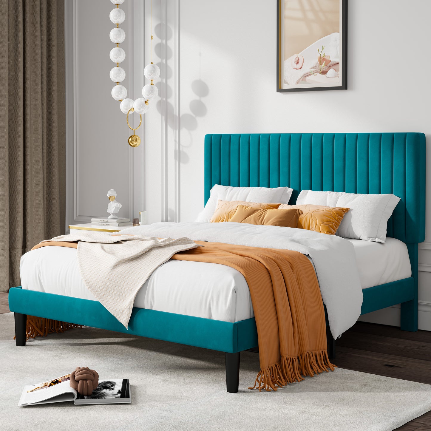 Allewie Velvet Upholstered Platform Bed Frame with Adjustable Vertical Channel Tufted Headboard