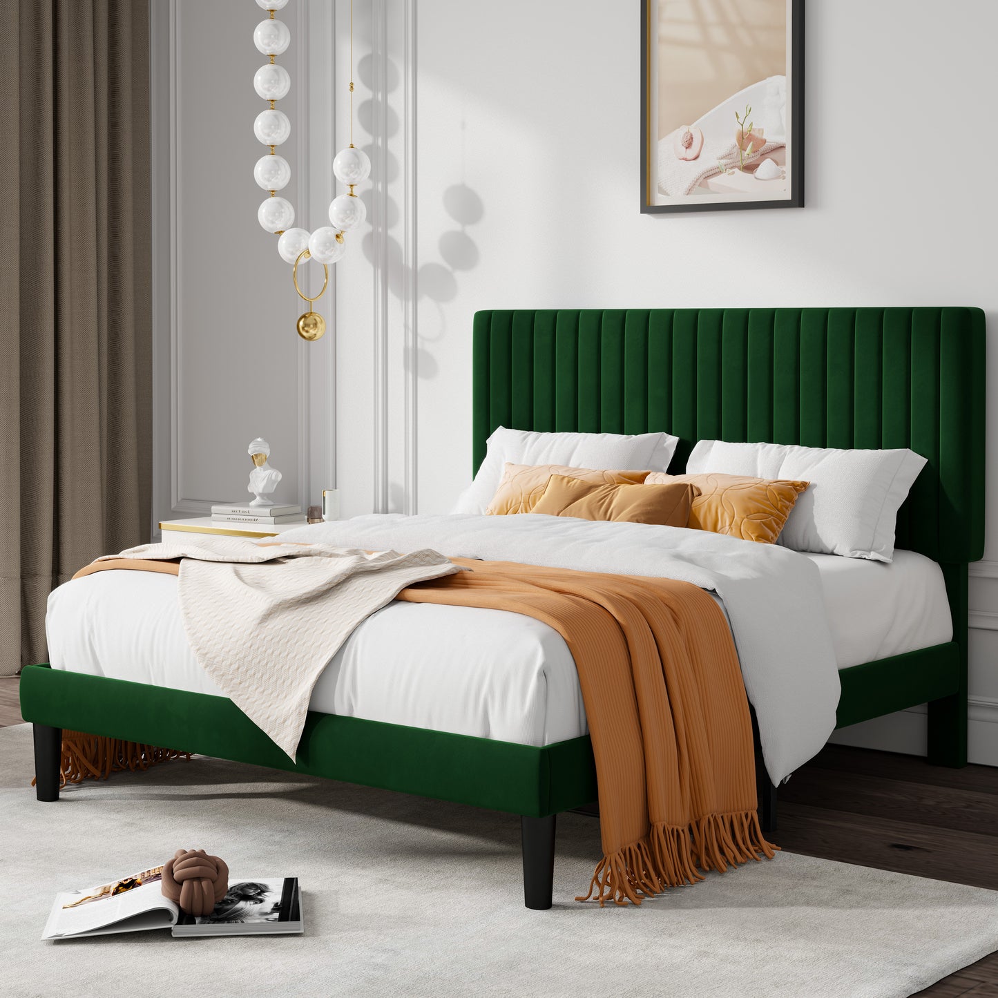 Allewie Velvet Upholstered Platform Bed Frame with Adjustable Vertical Channel Tufted Headboard