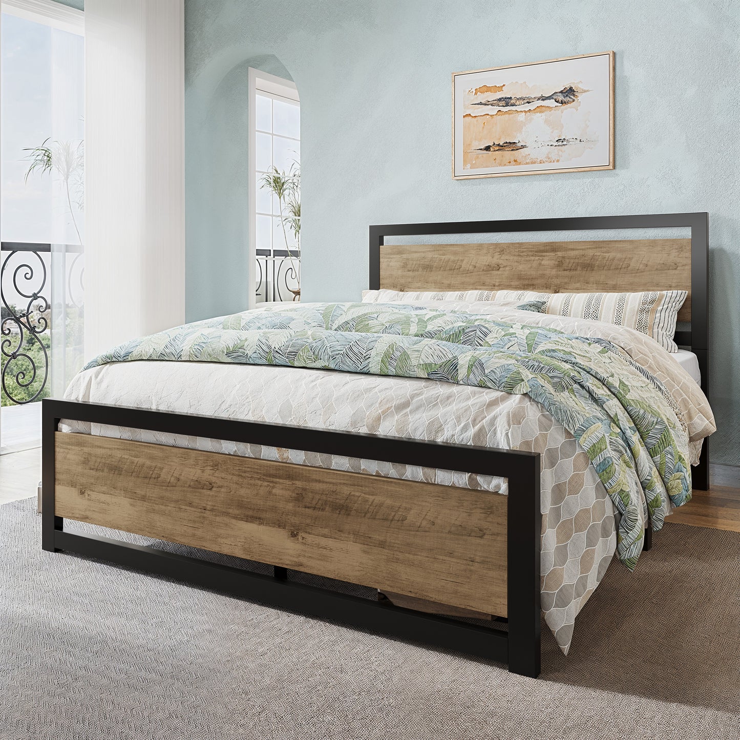 Allewie Brown Queen Size Bed Frame with Modern Wooden Headboard,Heavy Duty Platform Metal Bed Frame with Square Frame Footboard
