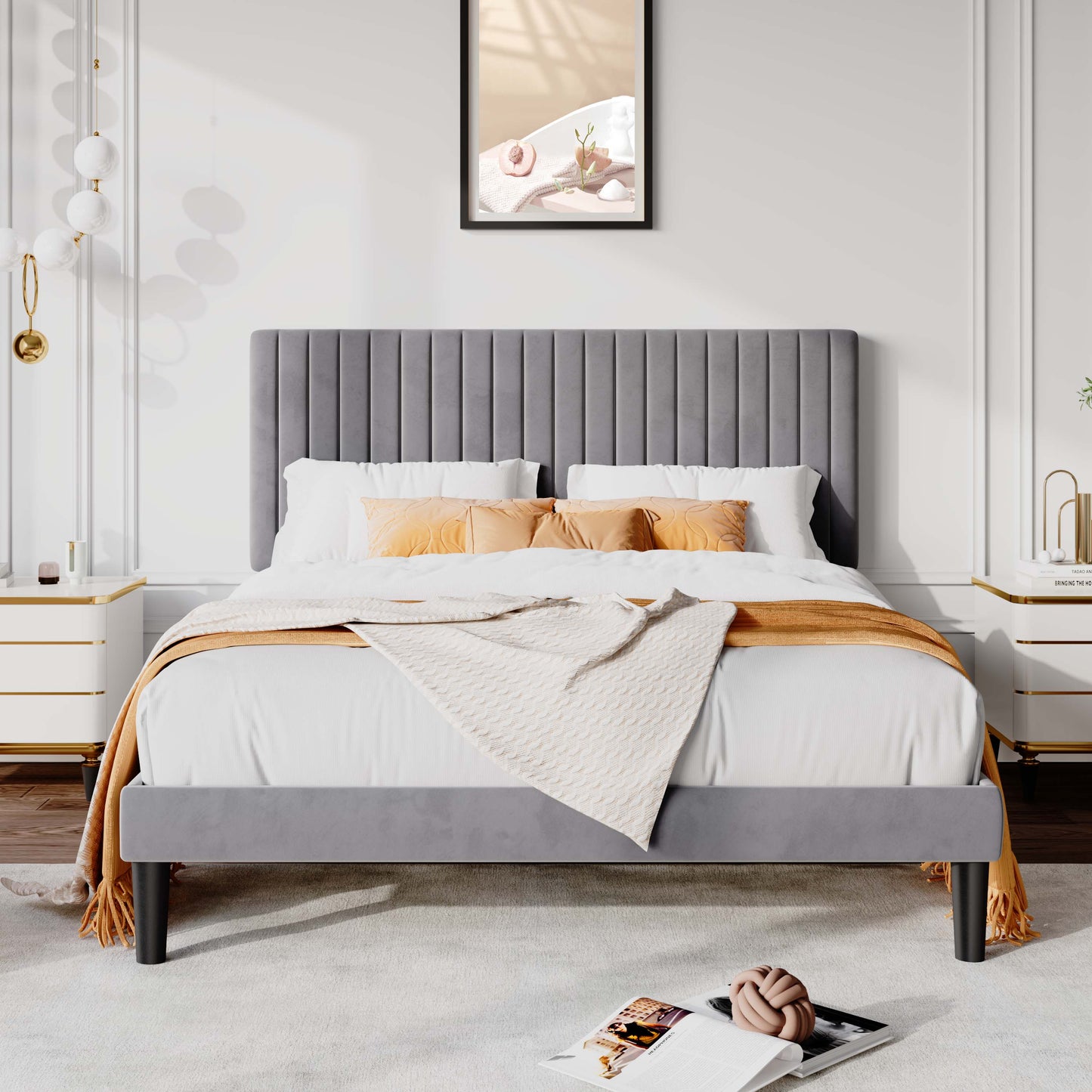 Allewie Velvet Upholstered Platform Bed Frame with Adjustable Vertical Channel Tufted Headboard