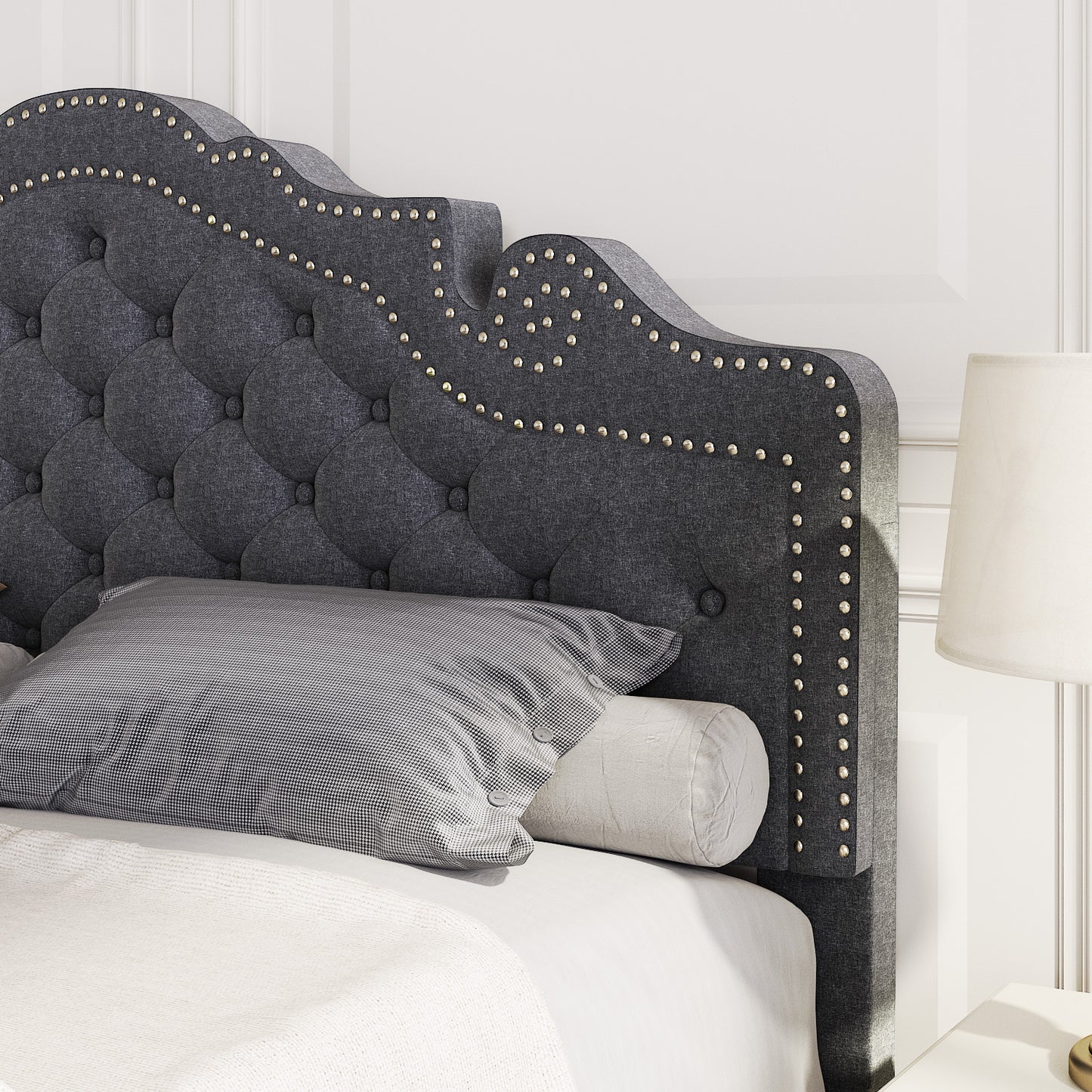 Allewie Platform Bed Frame with Upholstered Diamond Button Tufted Adjustable Fabric Headboard, Dark Grey