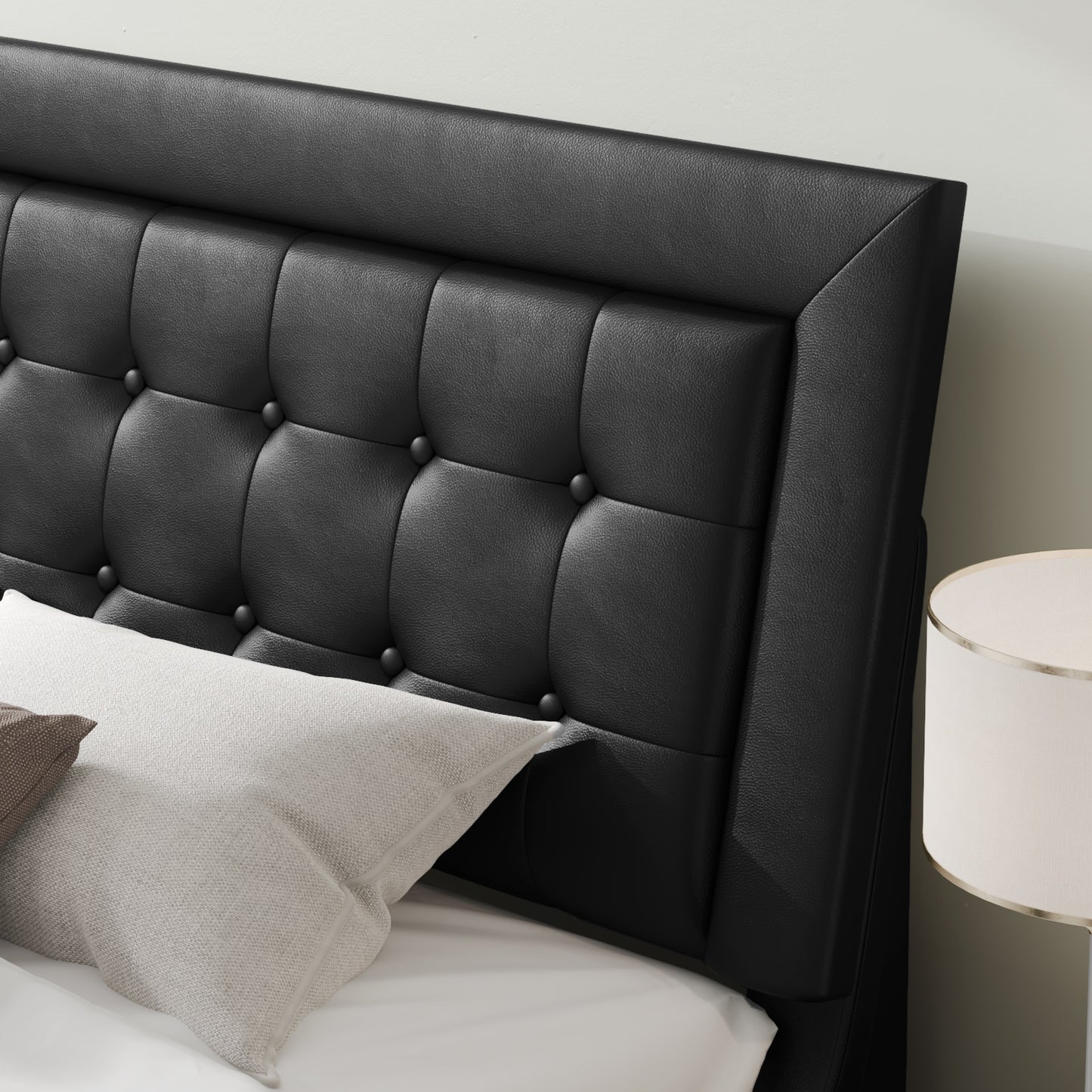 Allewie Leather Platform Bed Frame with Modern Wavy Box-Tufted Adjustable Headboard, Black