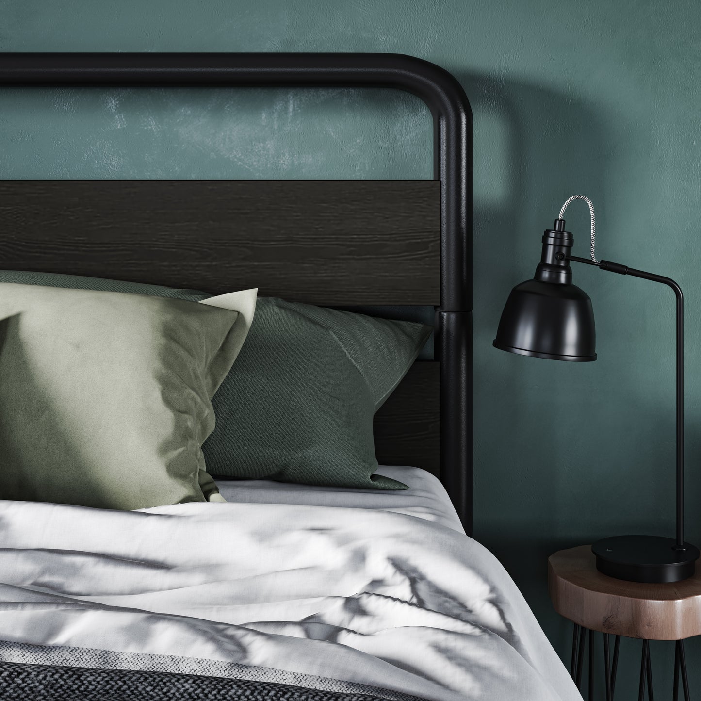 Allewie Metal Bed Frame with Wooden Headboard & Footboard, Heavy Duty Platform Frame with Under-Bed Storage