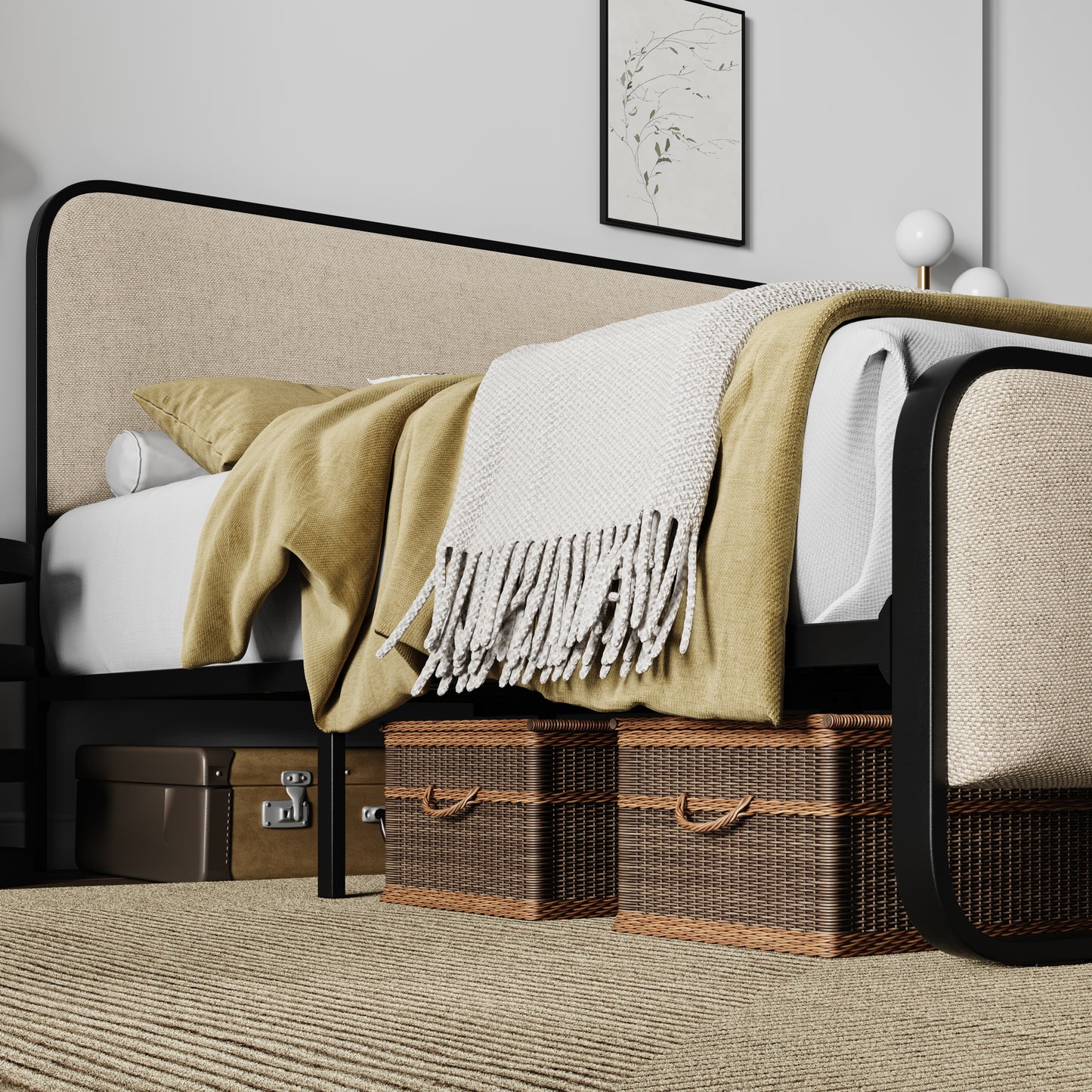 Allewie Metal Platform Bed Frame with Curved Upholstered Headboard and Footboard