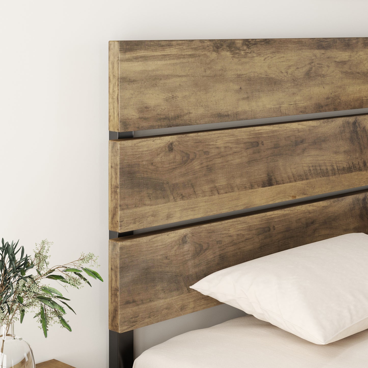 Allewie Rustic Country Style Wooden Headboard Metal Platform Bed with Strong Metal Slats