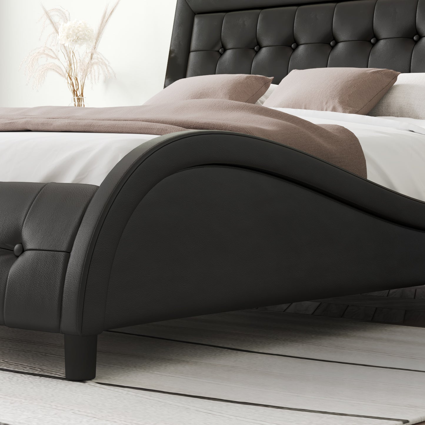Allewie Leather Platform Bed Frame with Modern Wavy Box-Tufted Adjustable Headboard, Black