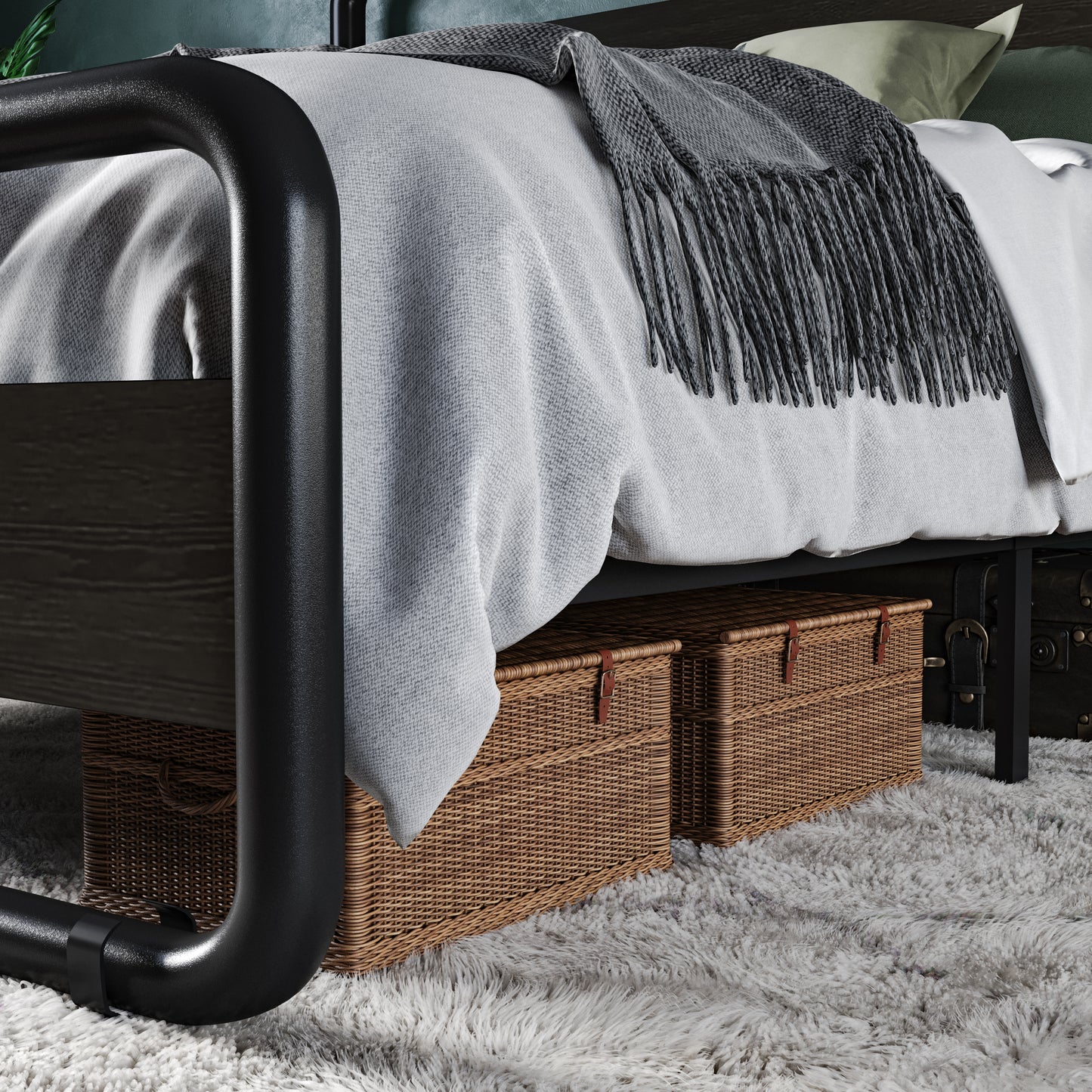 Allewie Metal Bed Frame with Wooden Headboard & Footboard, Heavy Duty Platform Frame with Under-Bed Storage