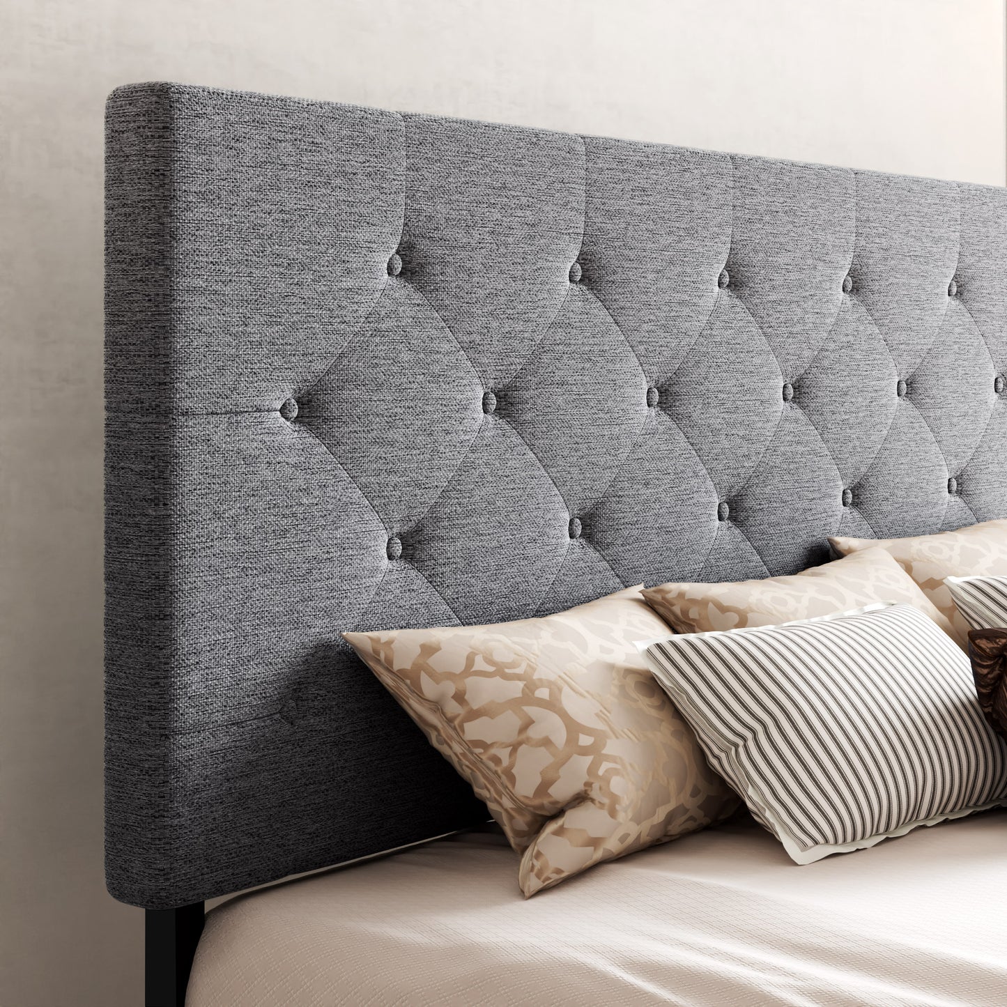 Allewie Queen Platform Bed Frame with 4 Drawers Storage and Headboard, Diamond Stitched Button Tufted Upholstered Mattress Foundation with Wood Slat Support, Dark Grey