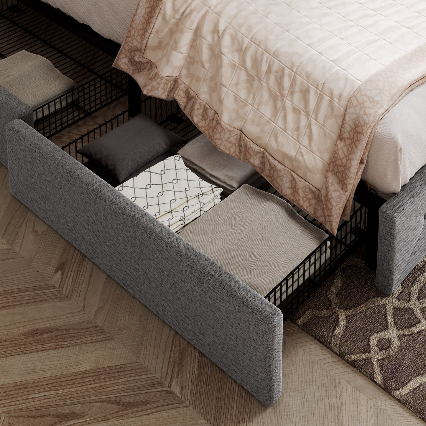Allewie Queen Platform Bed Frame with 4 Drawers Storage and Headboard, Diamond Stitched Button Tufted Upholstered Mattress Foundation with Wood Slat Support, Dark Grey