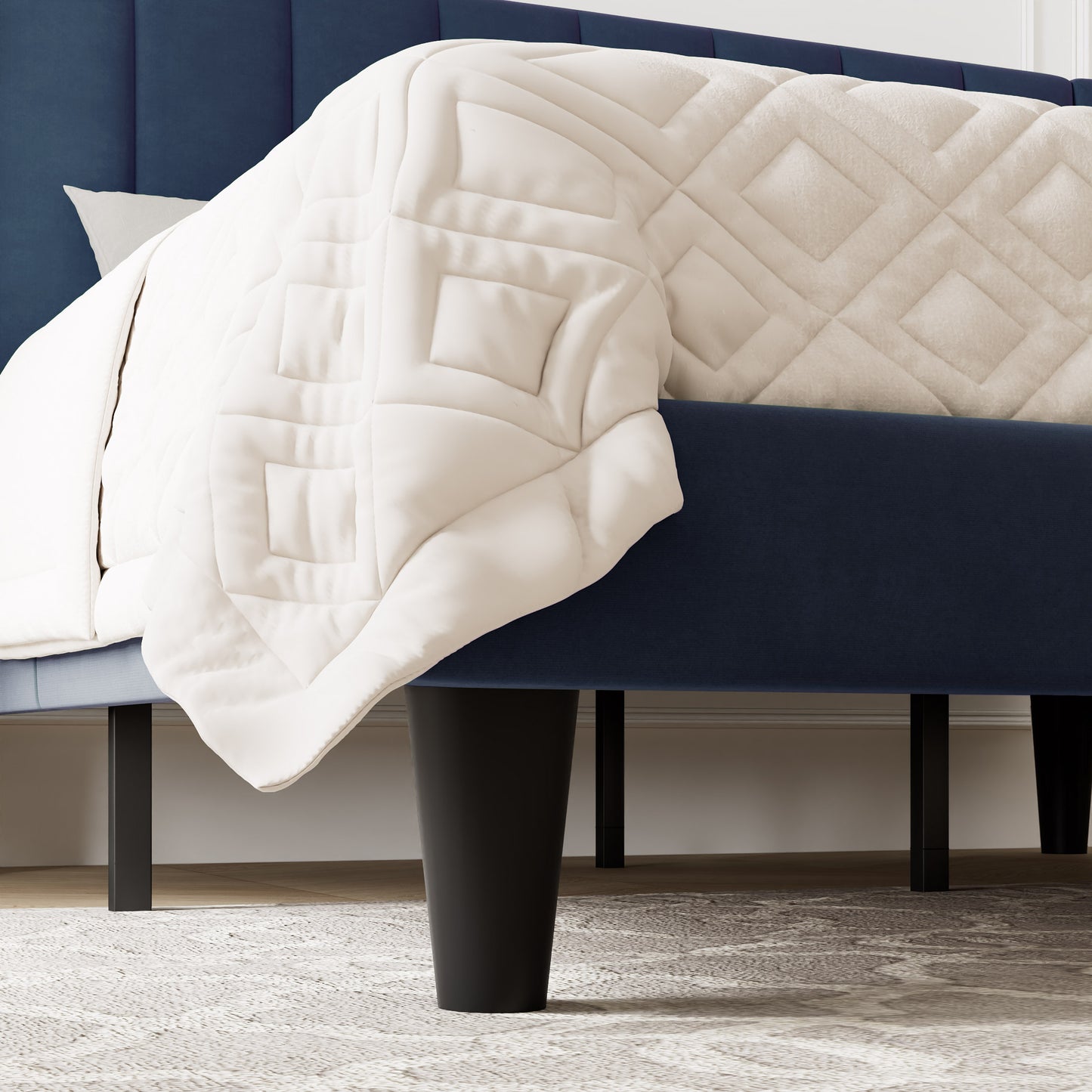 Allewie Velvet Upholstered Bed Frame with Vertical Channel Tufted Headboard, Navy Blue