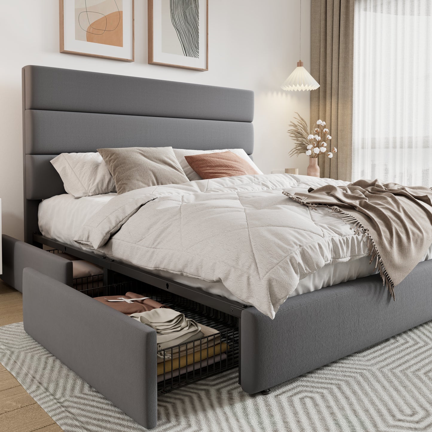 Allewie Modern Platform Bed Frame with 4 Storage Drawers and Velvet Upholstered Headboard, Wooden Slats Support