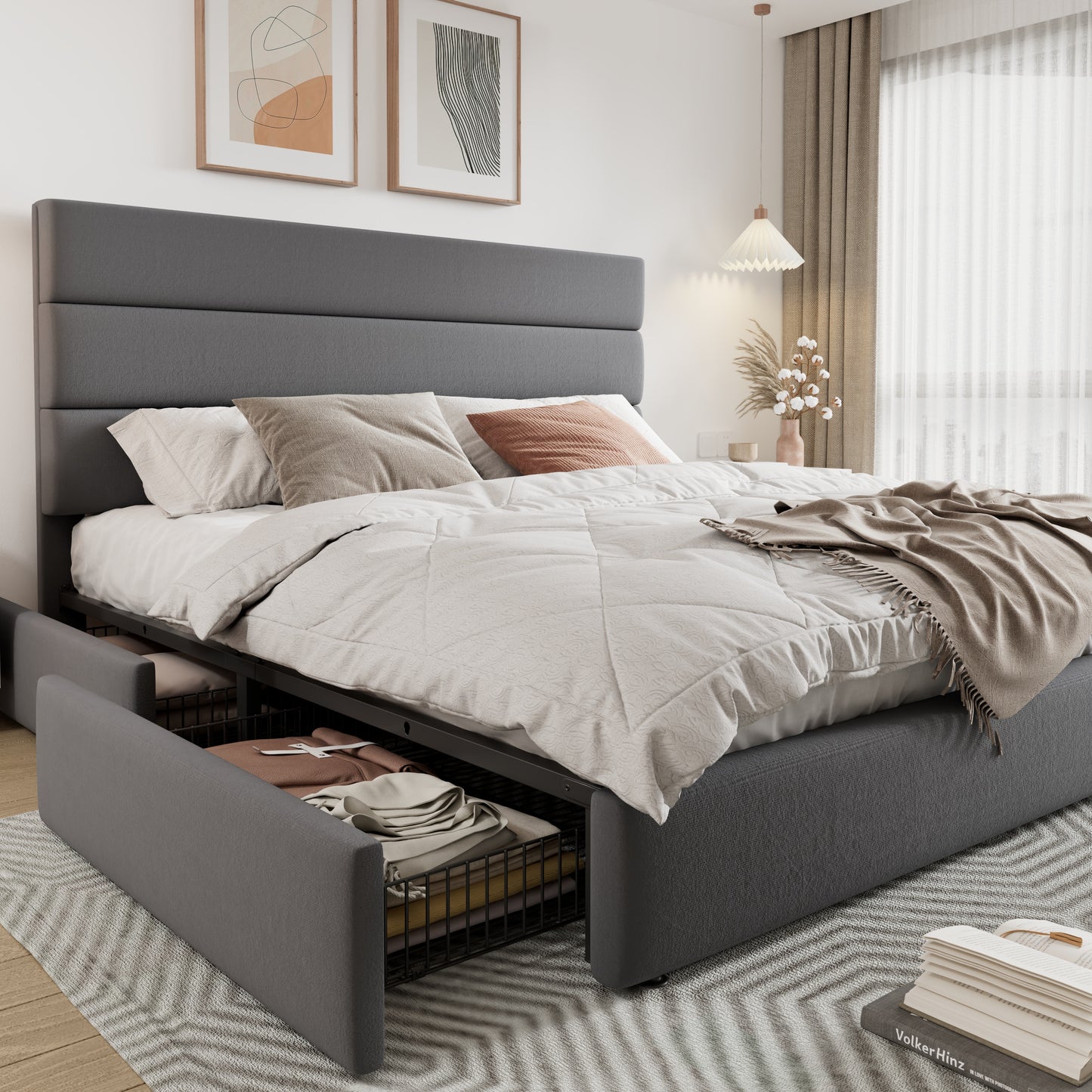 Allewie Modern Platform Bed Frame with 4 Storage Drawers and Velvet Upholstered Headboard, Wooden Slats Support