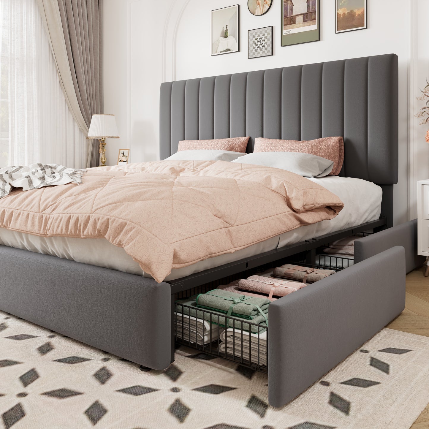 Allewie Storage Bed Frame,Adjustable Headboard, Velvet Upholstered Platform Bed with 4 Oversized Underbed Drawers, Wooden Slats Support, No Box Spring Needed