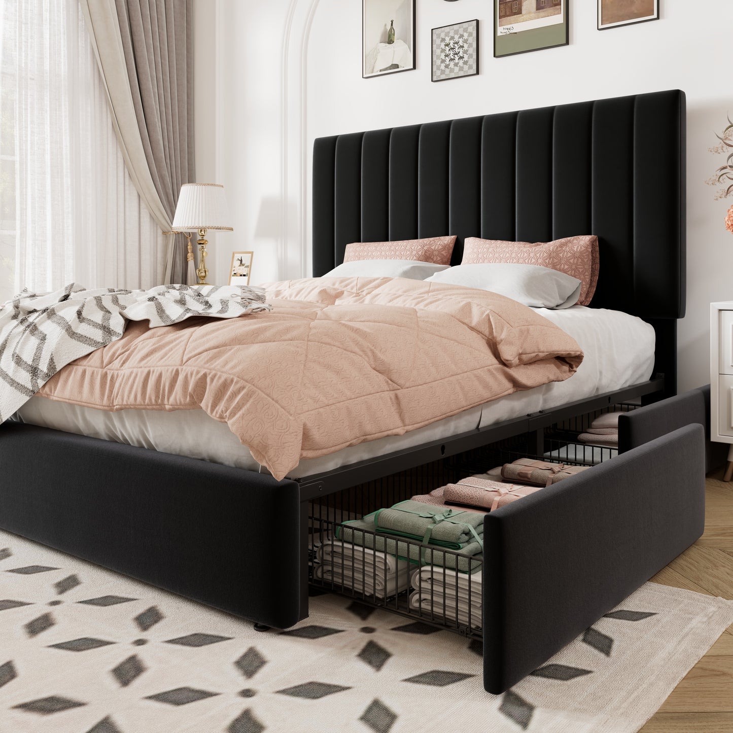 Allewie Storage Bed Frame,Adjustable Headboard, Velvet Upholstered Platform Bed with 4 Oversized Underbed Drawers, Wooden Slats Support, No Box Spring Needed