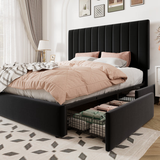 Allewie Storage Bed Frame,Adjustable Headboard, Velvet Upholstered Platform Bed with 4 Oversized Underbed Drawers, Wooden Slats Support, No Box Spring Needed