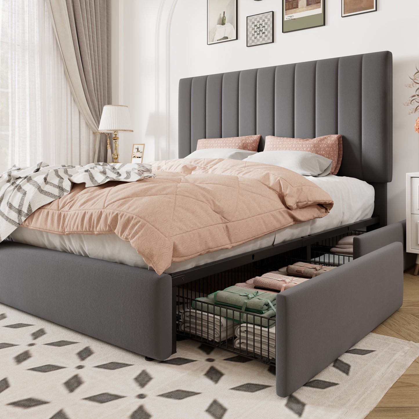 Allewie Storage Bed Frame,Adjustable Headboard, Velvet Upholstered Platform Bed with 4 Oversized Underbed Drawers, Wooden Slats Support, No Box Spring Needed