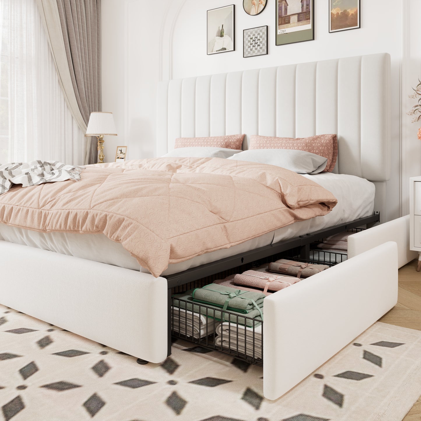 Allewie Storage Bed Frame,Adjustable Headboard, Velvet Upholstered Platform Bed with 4 Oversized Underbed Drawers, Wooden Slats Support, No Box Spring Needed