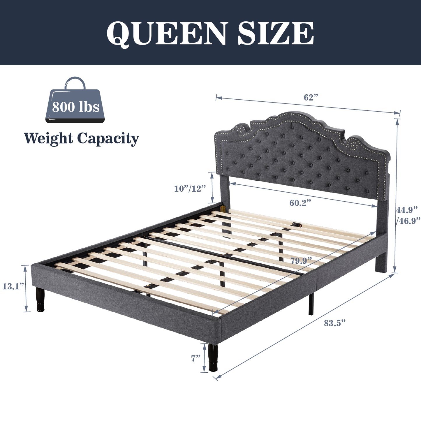Allewie Platform Bed Frame with Upholstered Diamond Button Tufted Adjustable Fabric Headboard, Dark Grey