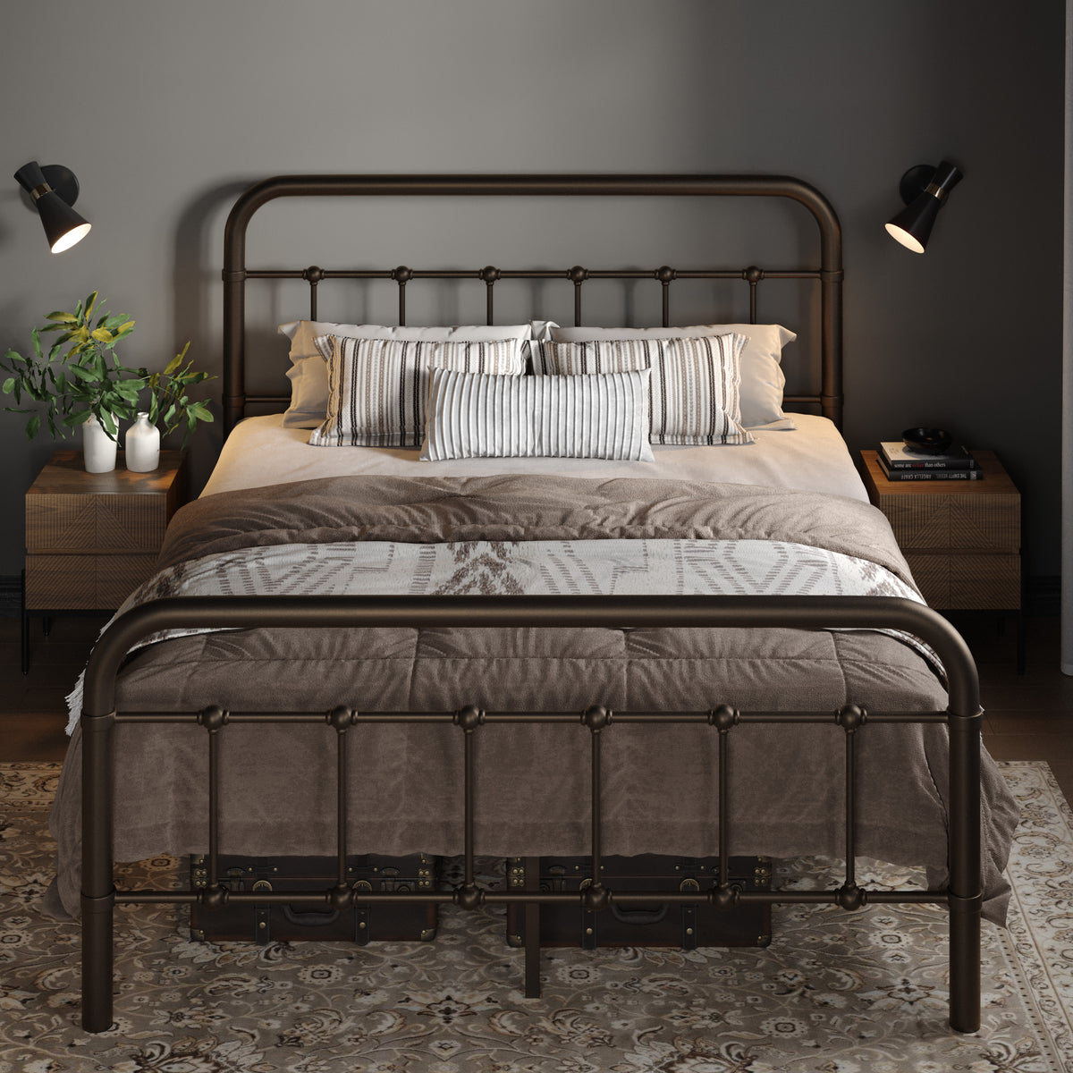 Allewie Metal Platform Bed Frame with Victorian Style Wrought Iron-Art Headboard/Footboard, Antique Gold
