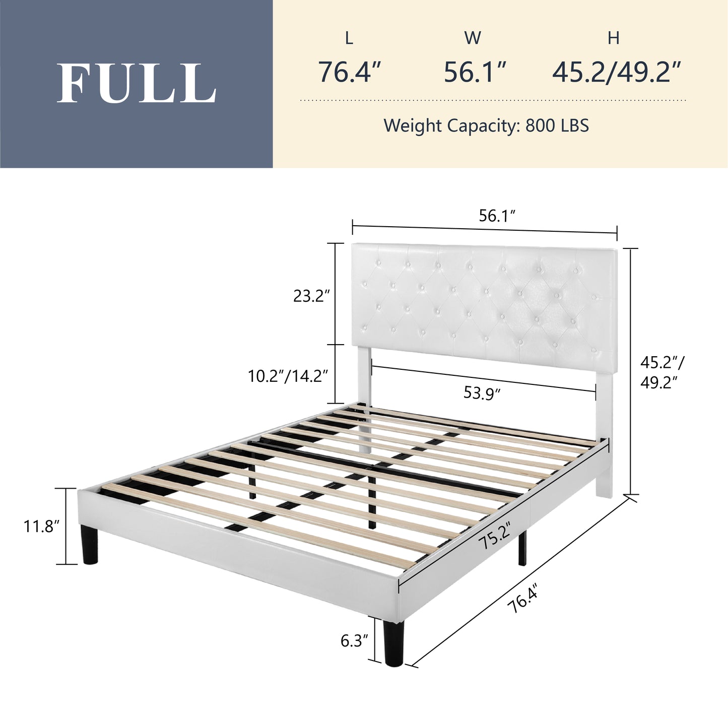 Allewie Faux Leather Upholstered Platform Bed Frame with Adjustable Diamond Stitched Button Tufted Headboard, White