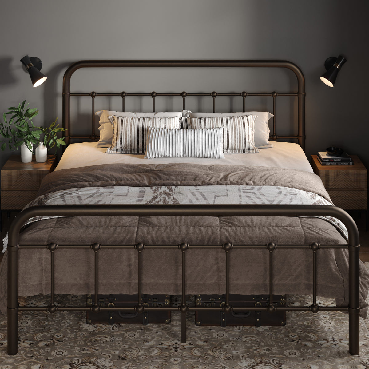 Allewie Metal Platform Bed Frame with Victorian Style Wrought Iron-Art Headboard/Footboard, Antique Gold