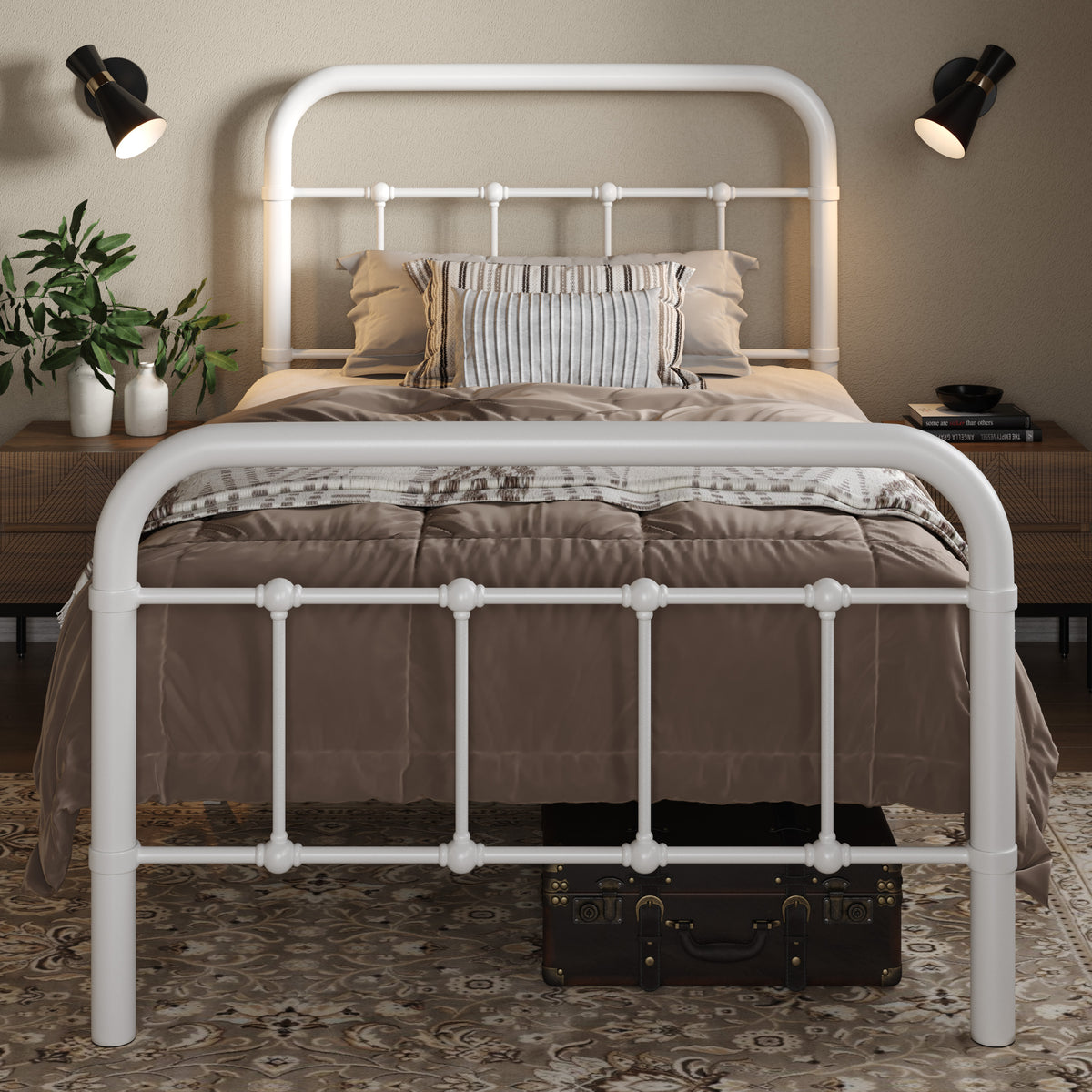 Allewie Metal Platform Bed Frame with Victorian Style Wrought Iron-Art Headboard/Footboard, White