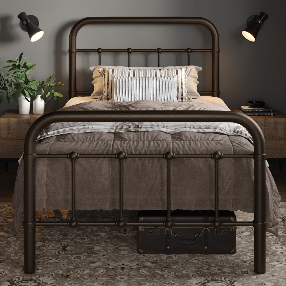 Allewie Metal Platform Bed Frame with Victorian Style Wrought Iron-Art Headboard/Footboard, Antique Gold