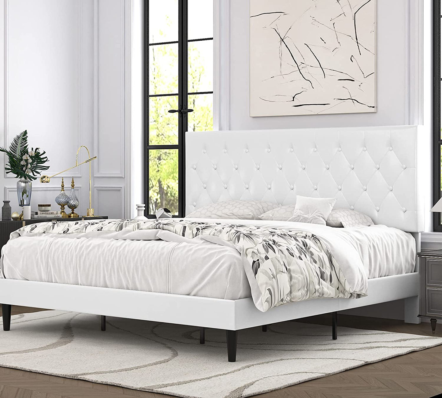 Allewie Faux Leather Upholstered Platform Bed Frame with Adjustable Diamond Stitched Button Tufted Headboard, White