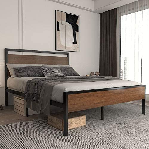 Allewie Walnut Full Size Platform Bed Frame with Wood Headboard and Footboard, Heavy Duty Metal Slat
