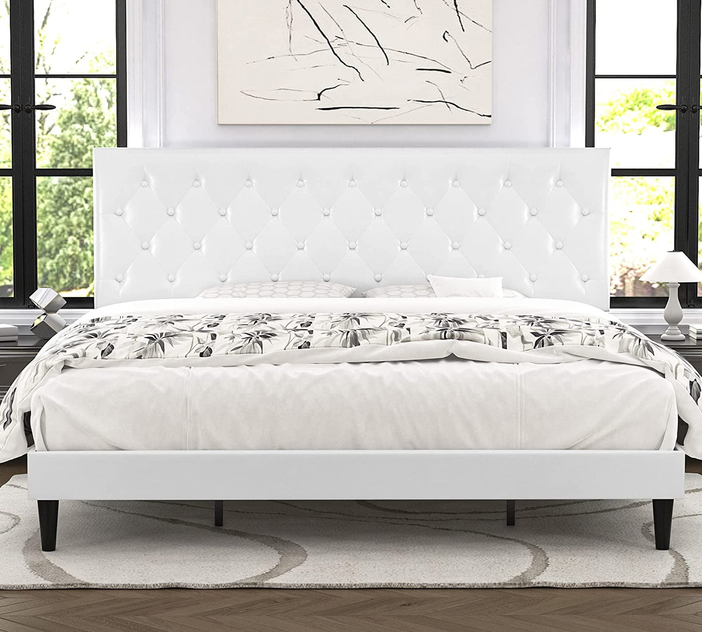 Allewie Faux Leather Upholstered Platform Bed Frame with Adjustable Diamond Stitched Button Tufted Headboard, White