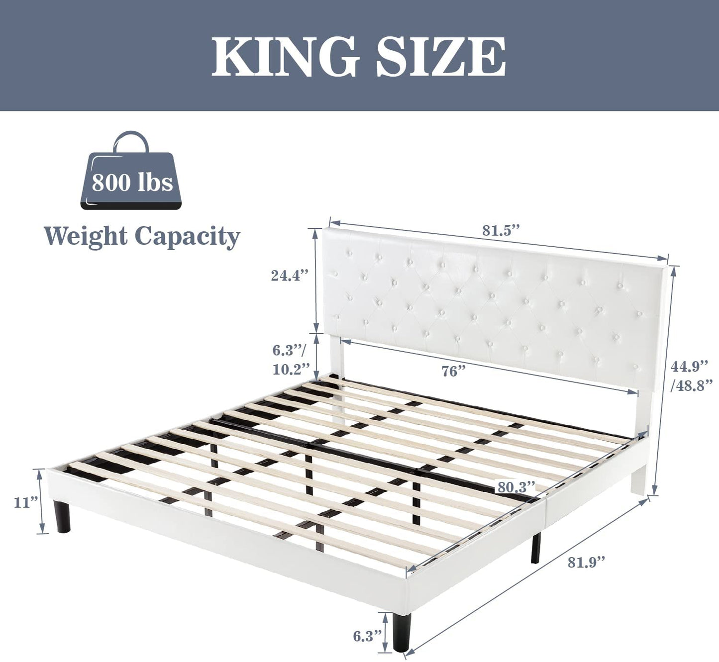 Allewie Faux Leather Upholstered Platform Bed Frame with Adjustable Diamond Stitched Button Tufted Headboard, White