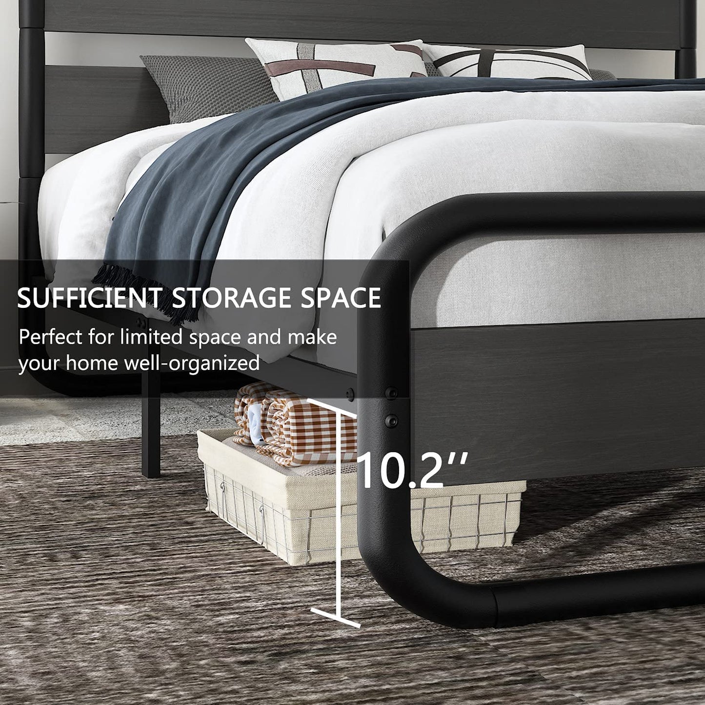 Allewie Black Queen Size Metal Bed Frame with Wooden Headboard & Footboard, Heavy Duty Platform Frame with Under-Bed Storage
