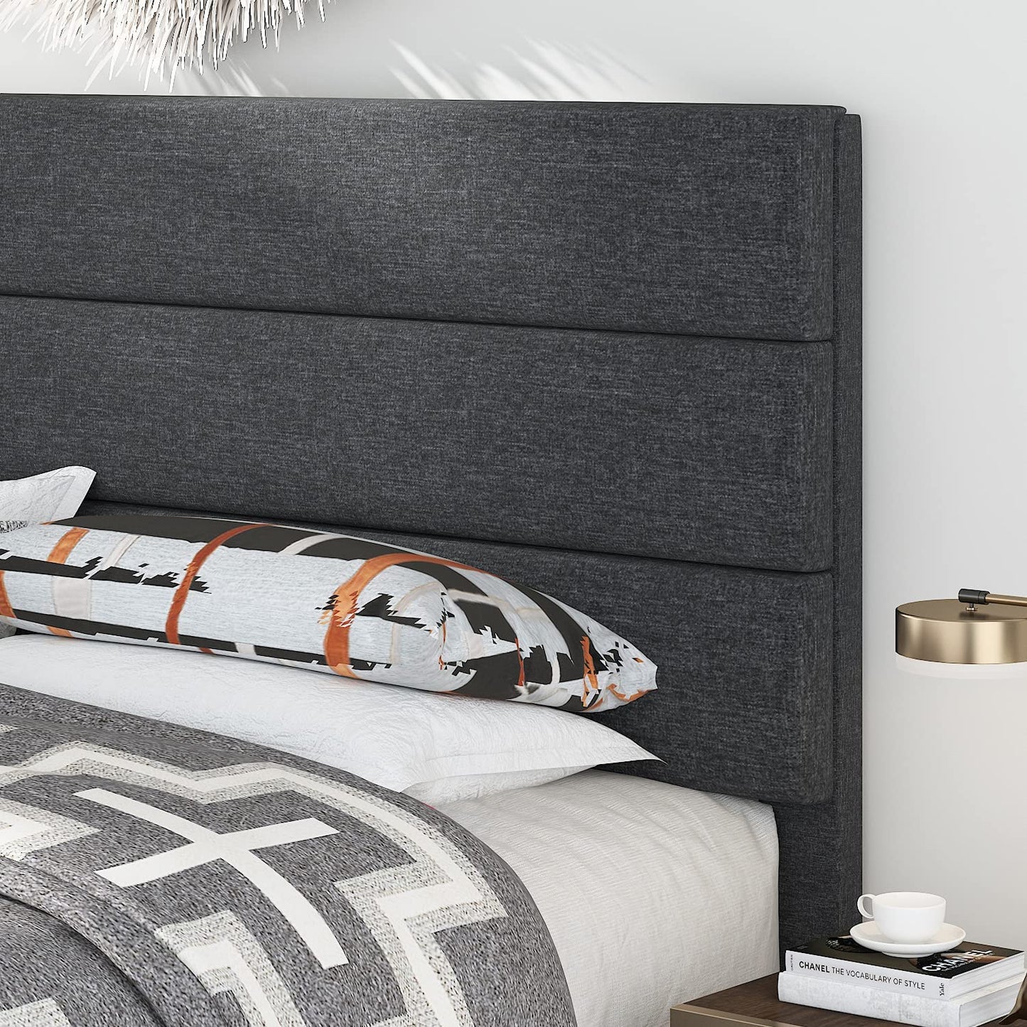 Allewie King Fully Upholstered Platform Bed Frame with Headboard, Dark Grey