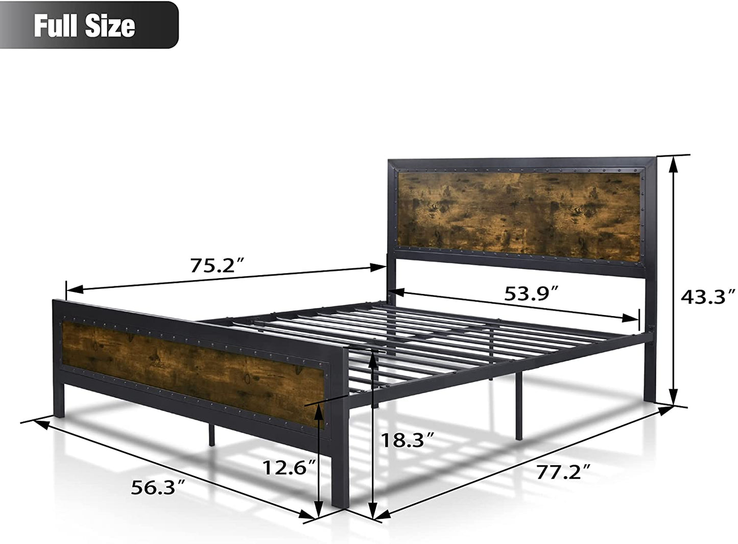 Allewie Brown Metal Platform Bed Frame with Industrial Rivet Headboard and Deep Grey Frame