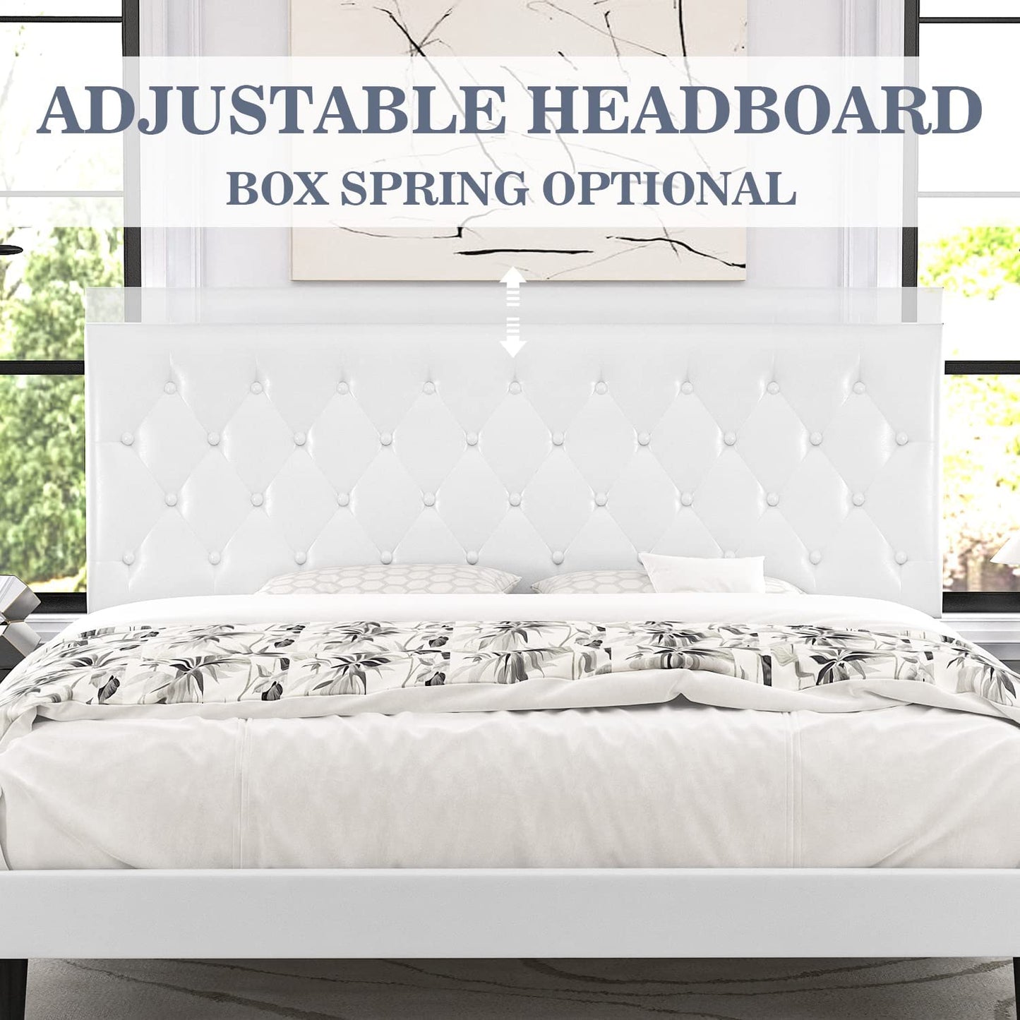 Allewie Faux Leather Upholstered Platform Bed Frame with Adjustable Diamond Stitched Button Tufted Headboard, White