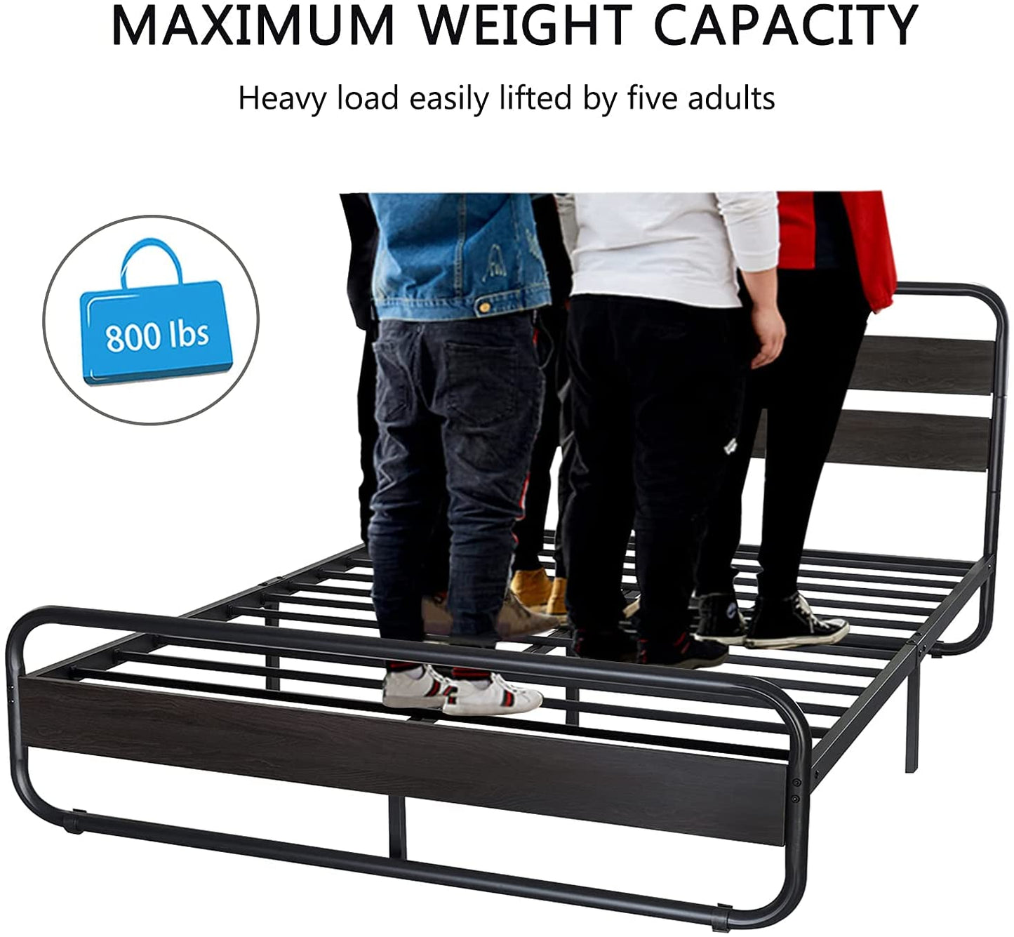Allewie Black Queen Size Metal Bed Frame with Wooden Headboard & Footboard, Heavy Duty Platform Frame with Under-Bed Storage