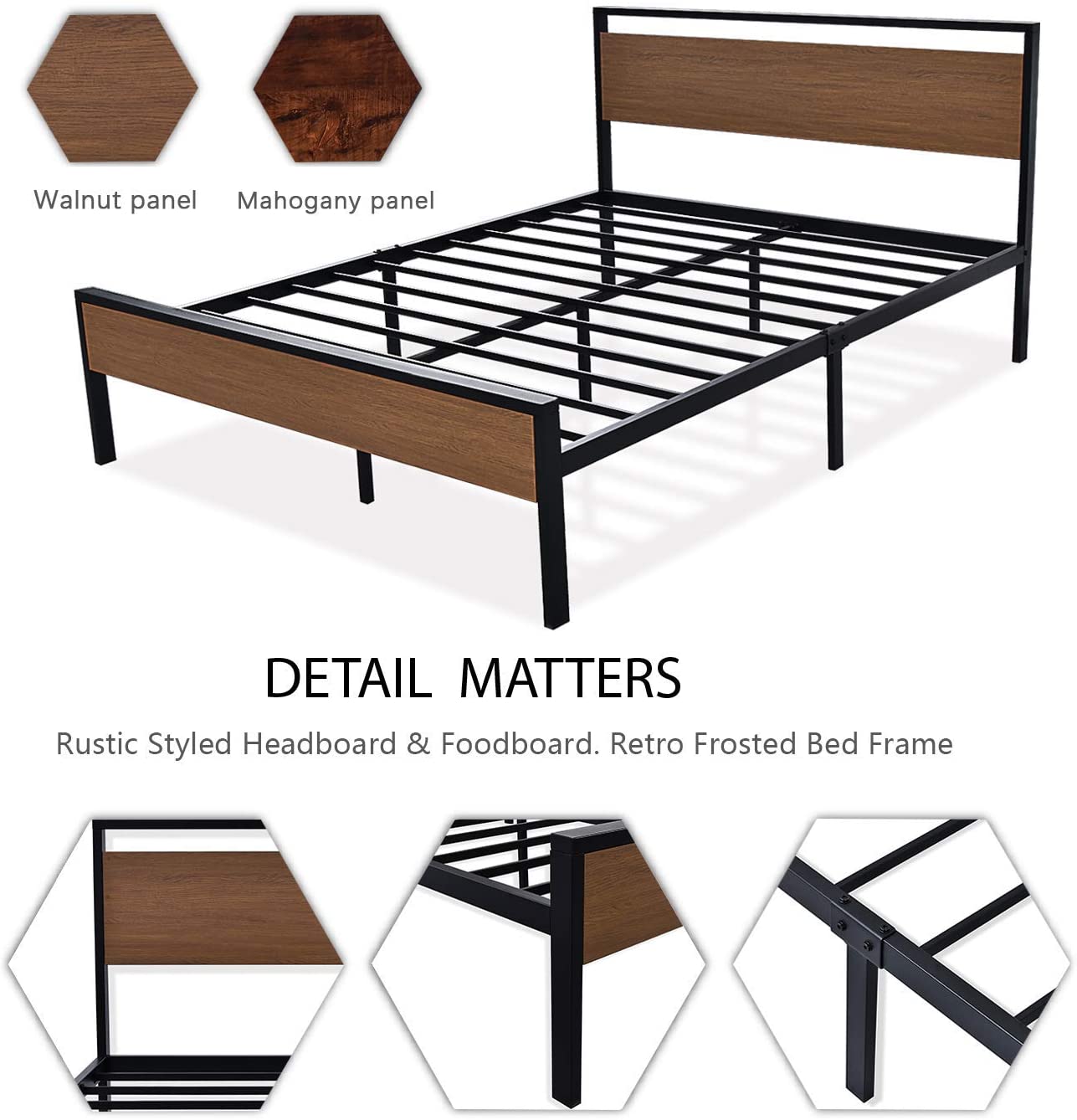 Allewie Walnut Full Size Platform Bed Frame with Wood Headboard and Footboard, Heavy Duty Metal Slat