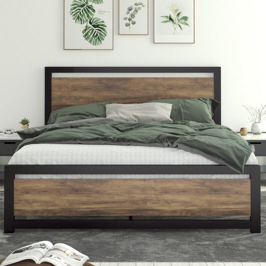 Allewie Brown Queen Size Bed Frame with Modern Wooden Headboard,Heavy Duty Platform Metal Bed Frame with Square Frame Footboard