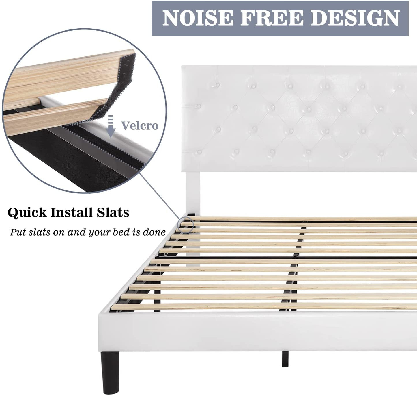 Allewie Faux Leather Upholstered Platform Bed Frame with Adjustable Diamond Stitched Button Tufted Headboard, White