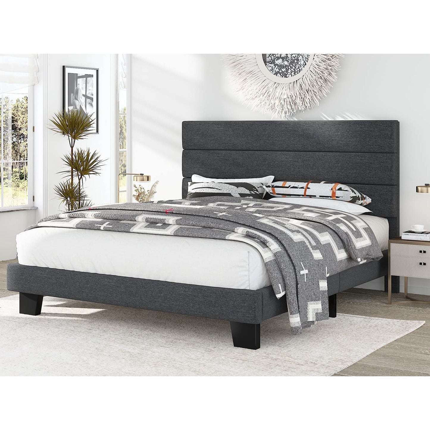 Allewie King Fully Upholstered Platform Bed Frame with Headboard, Dark Grey