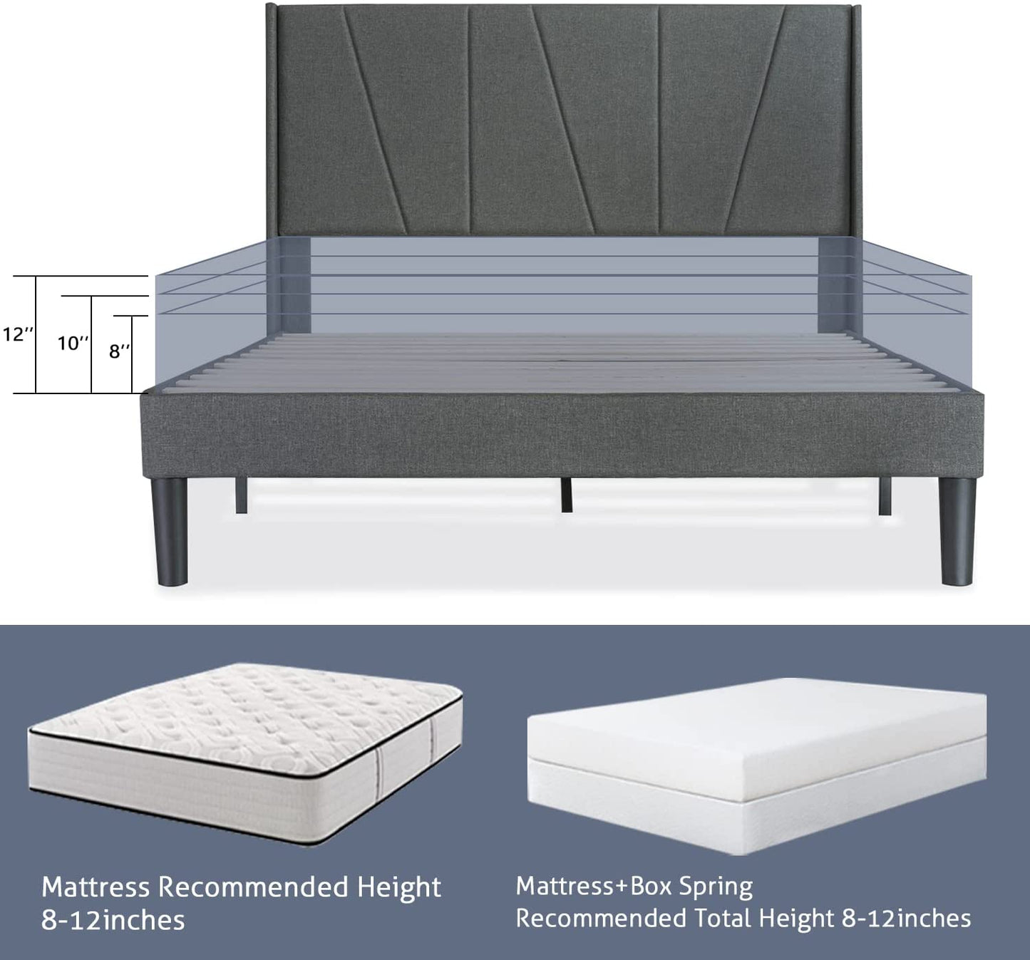 Allewie full Size Modern Platform Bed Frame with Upholstered Geometric Wingback Headboard, Grey