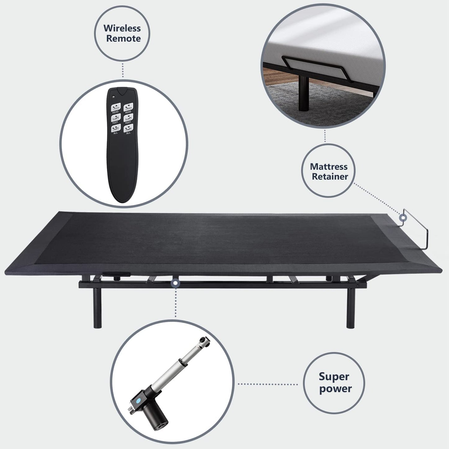 Allewie Full Adjustable Bed Base Frame with New Generation Motor, Wireless Remote, Basic