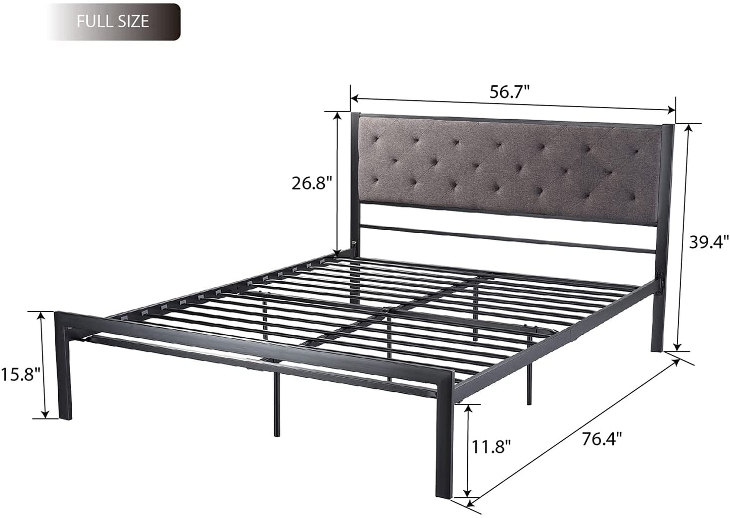 Allewie Metal Platform Bed frame with Tufted Diamond Stitched Fabric Headboard, Strong Steal Slats Support