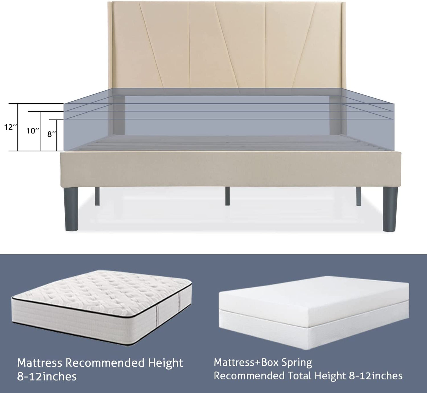 Allewie full Size Modern Platform Bed Frame with Upholstered Geometric Wingback Headboard, Beige