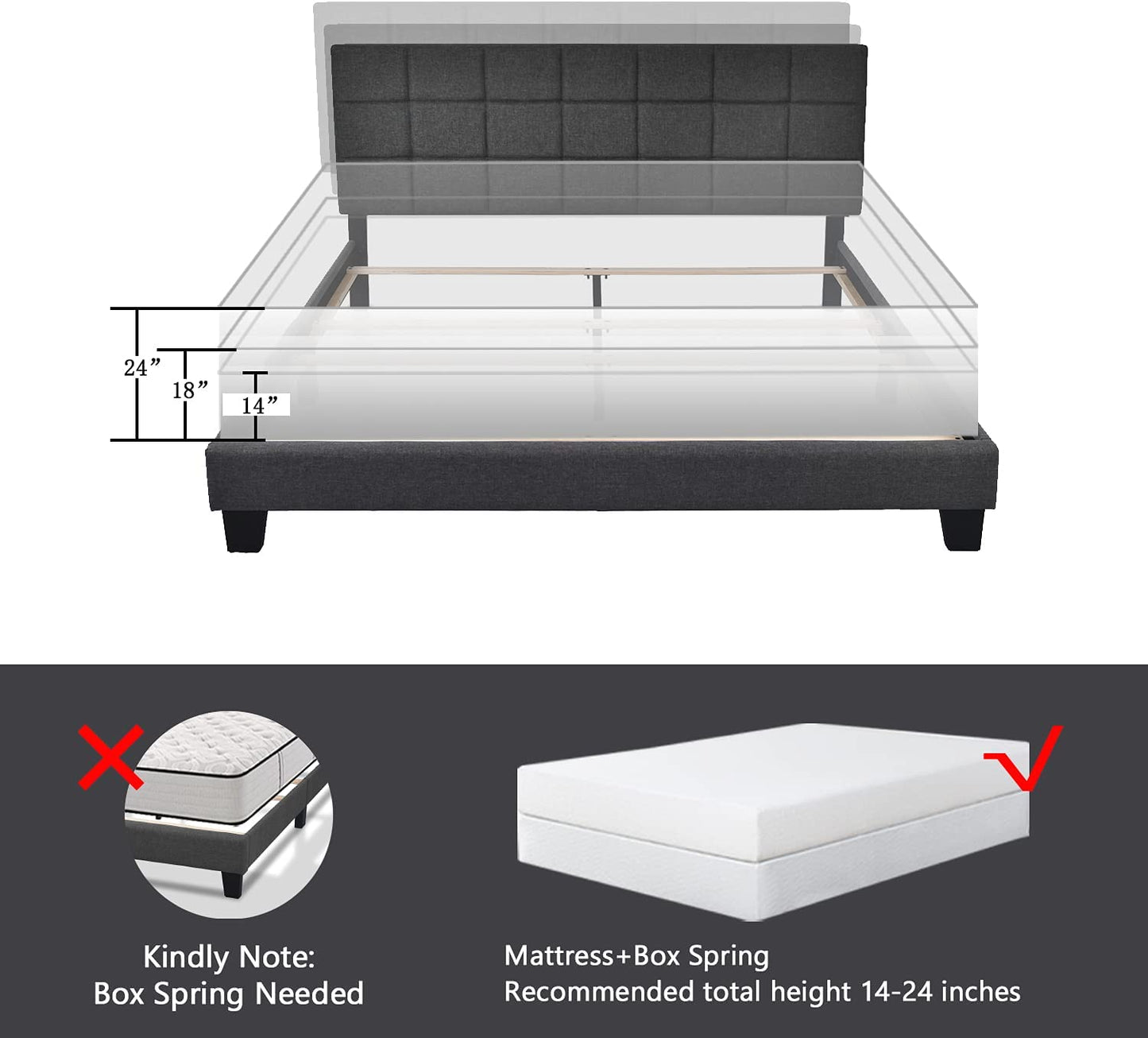 Allewie Panel Bed Frame with Adjustable High Headboard, Fabric Upholstered Platform Bed Frame