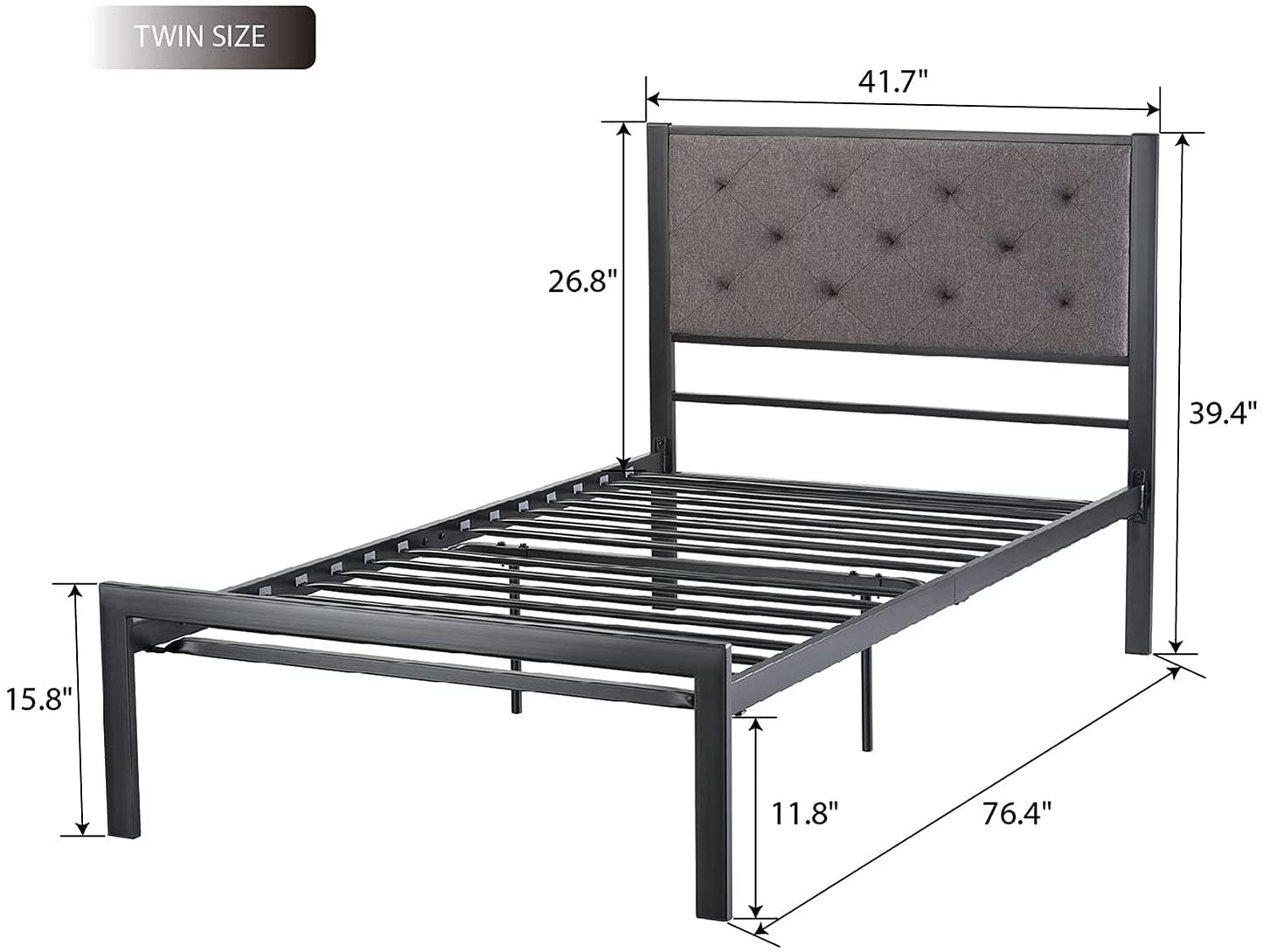 Allewie Metal Platform Bed frame with Tufted Diamond Stitched Fabric Headboard, Strong Steal Slats Support